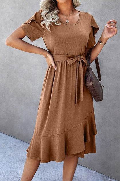 Petal Sleeve Ruffle Trim Wrap Belted Midi Dress - Shop Style & More | Fresh Looks, Everyday Deals & Free Shipping