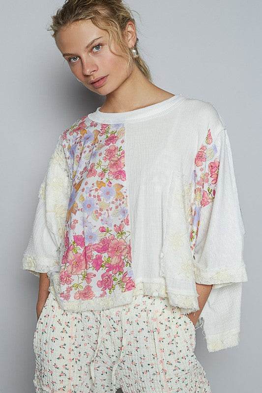 POL Floral Lace Patch Round Neck Double Gauze Top - Shop Style & More | Fresh Looks, Everyday Deals & Free Shipping