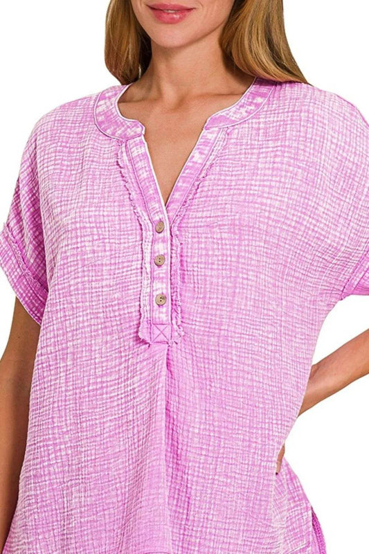 Zenana Washed Double Gauze 3/4 Button Henley Neck Shirt - Shop Style & More | Fresh Looks, Everyday Deals & Free Shipping