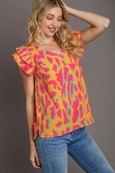 Umgee Full Size Abstract Print V-Neck Double Layer Ruffle Sleeve Blouse Plus Size - Shop Style & More | Fresh Looks, Everyday Deals & Free Shipping