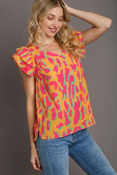 Umgee Full Size Abstract Print V-Neck Double Layer Ruffle Sleeve Blouse Plus Size Tangerine Blouses