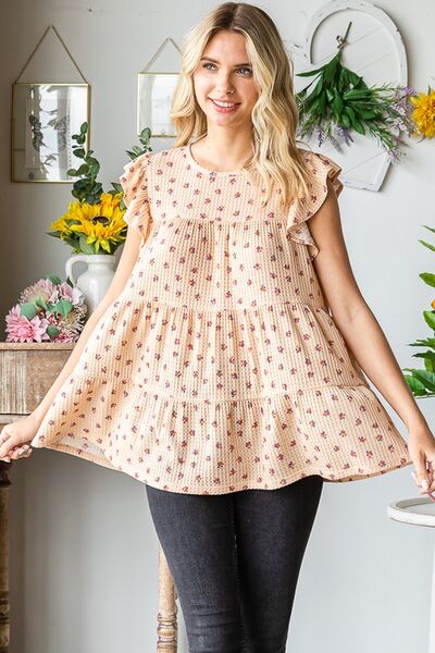 Heimish Full Size Butterfly Short Sleeve Round Neck Ditsy Floral Print Tiered Top Plus Size Blouses