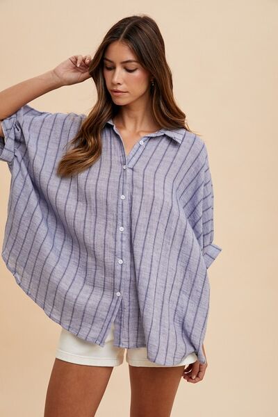 Annie Wear Striped Button Up Half Sleeve Shirt Dusty Blue Blouses