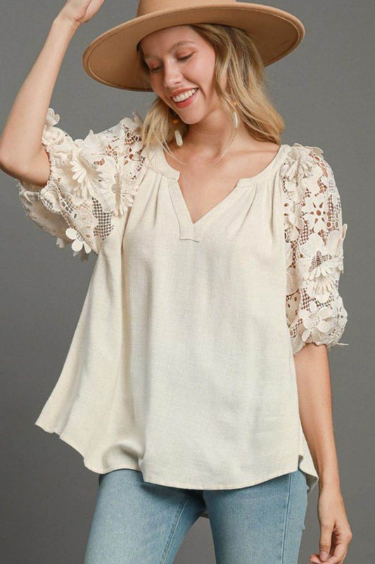 Umgee Full Size French Terry Boxy Cut Top with 3D Floral Sleeve Plus Size - Shop Style & More | Fresh Looks, Everyday Deals & Free Shipping