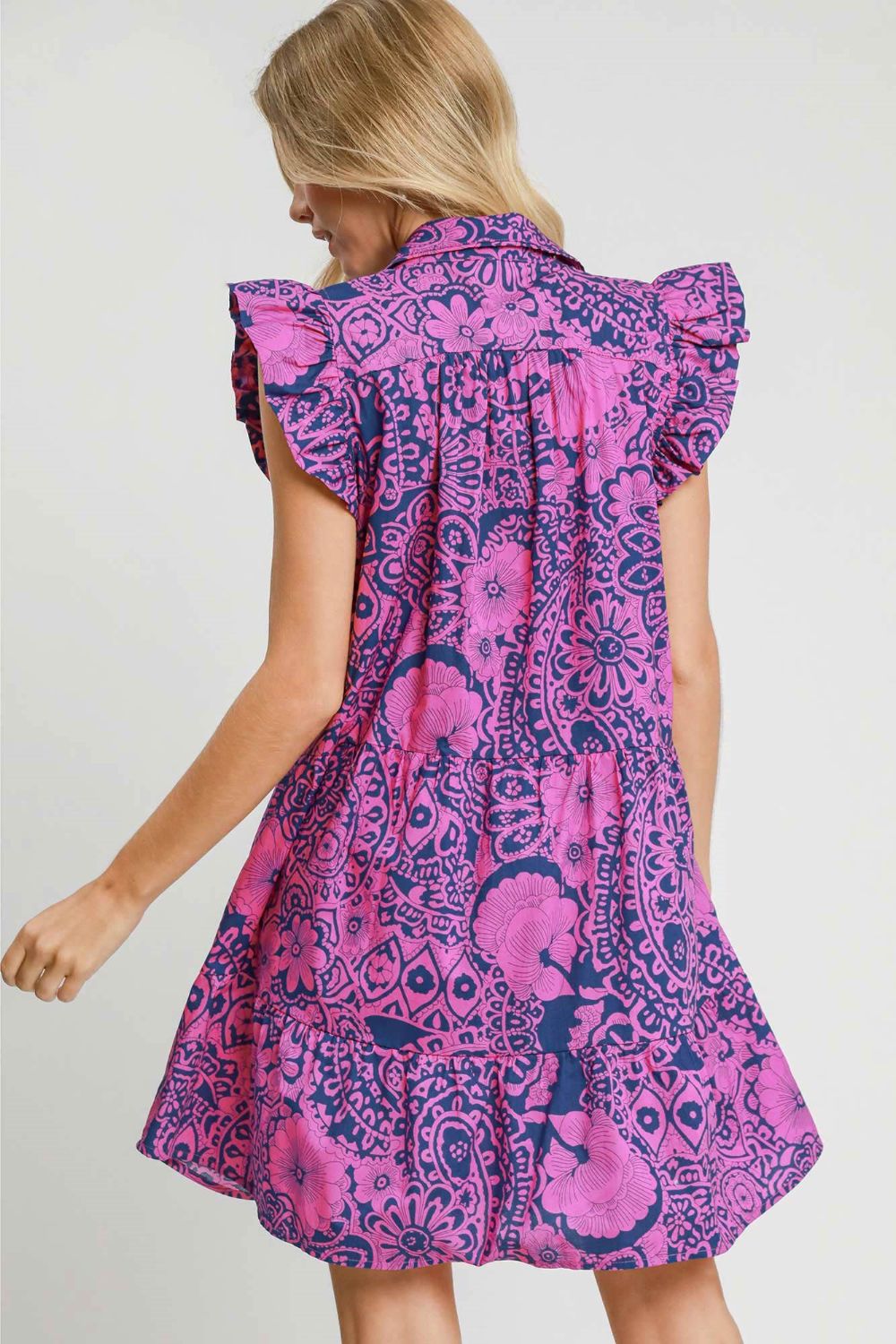 Umgee Full Size Printed Ruffle Cap Sleeve Babydoll Dress Plus Size NAVY PINK Casual Dresses