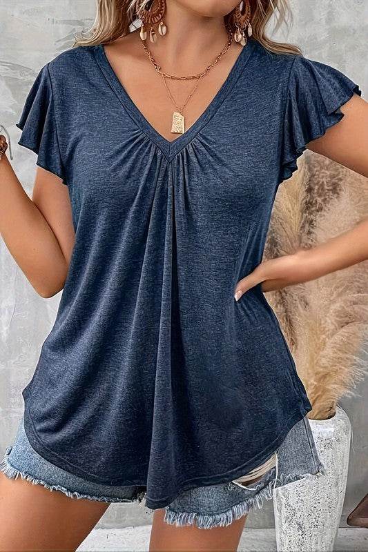 Plus Solid V Neck Ruffle Ruched Fit Top - Shop Style & More | Fresh Looks, Everyday Deals & Free Shipping