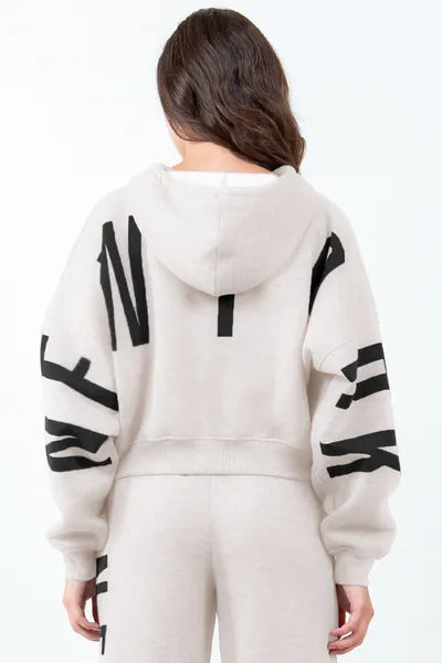 American Bazi Letter Graphic Long Sleeve Drawstring Cropped Hoodie Hoodies & Sweaters