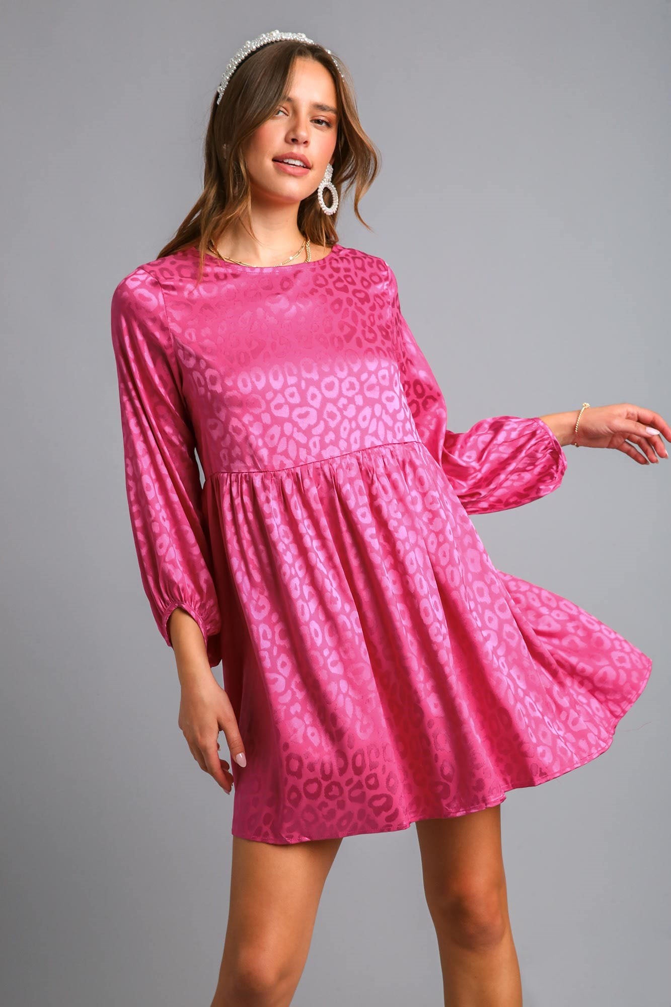 Umgee Full Size Animal Jacquard Print Long Sleeve Dress Plus Size Hot Pink Casual Dresses