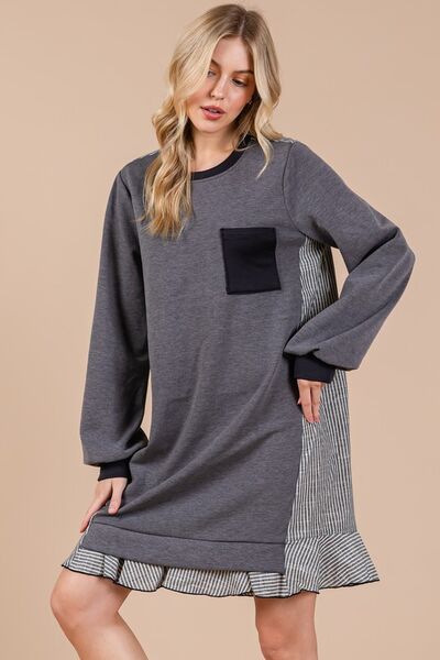 Ces Femme Striped Patchwork Round Neck Terry Sweatshirt Dress Casual Dresses