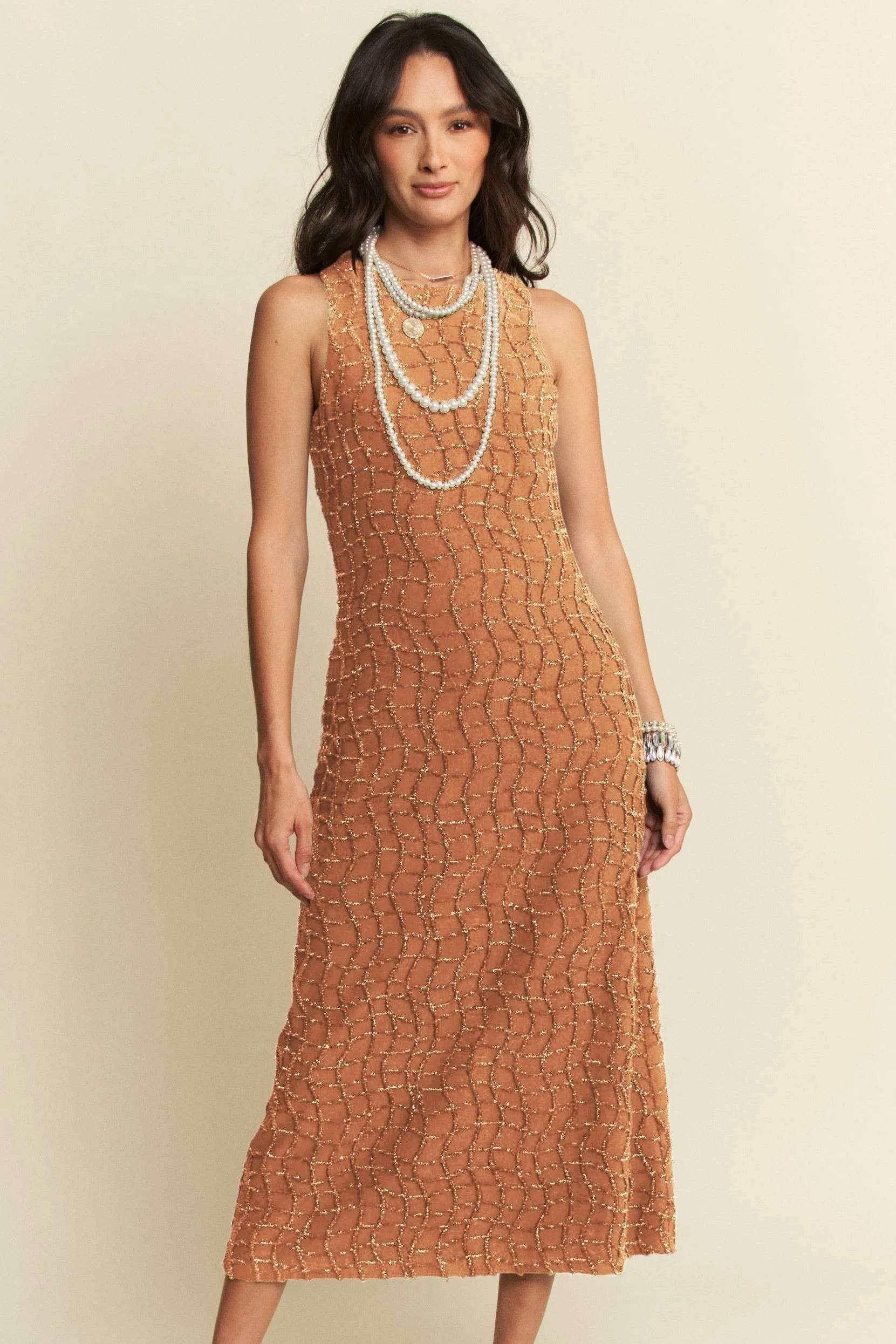 Davi & Dani Golden Textured Zippered Midi Dress - Shop Style & More | Fresh Looks, Everyday Deals & Free Shipping