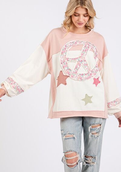 SAGE + FIG Peace & Star Patch Contrast Round Neck Sweatshirt Hoodies & Sweaters