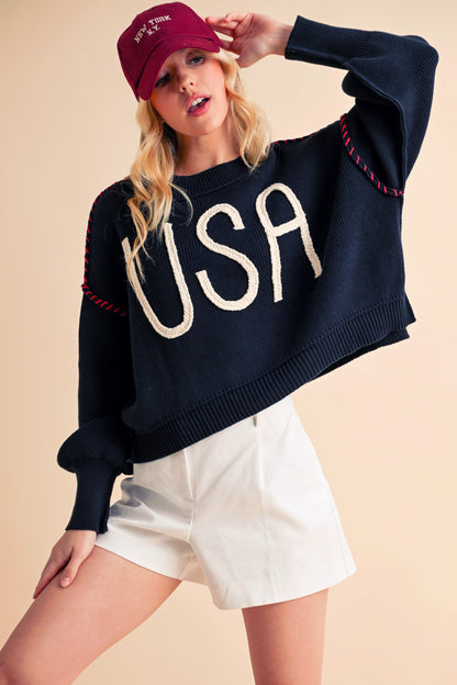 Aemi + Co USA Side Slit Round Neck Sweater Hoodies & Sweaters