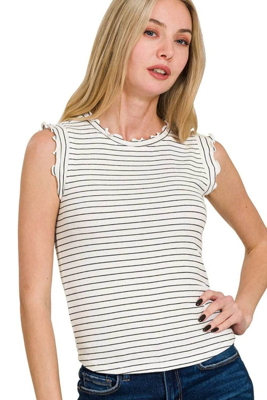 Zenana Ribbed Ruffle Trim Sleeveless Stripe Top - Shop Style & More | Fresh Looks, Everyday Deals & Free Shipping