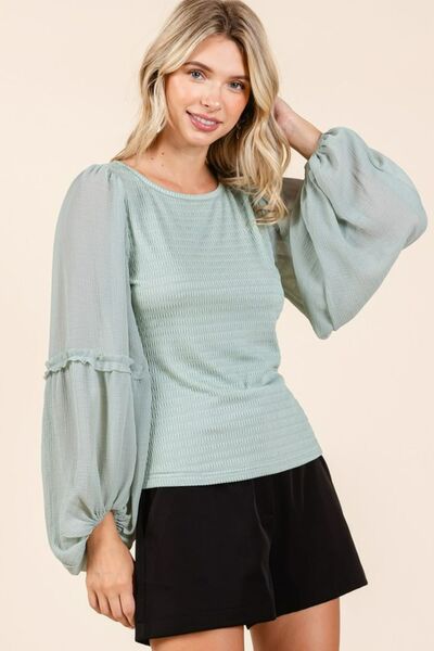 Mittoshop Mixed Media Textured Knit Chiffon Long Sleeve Top Blouses