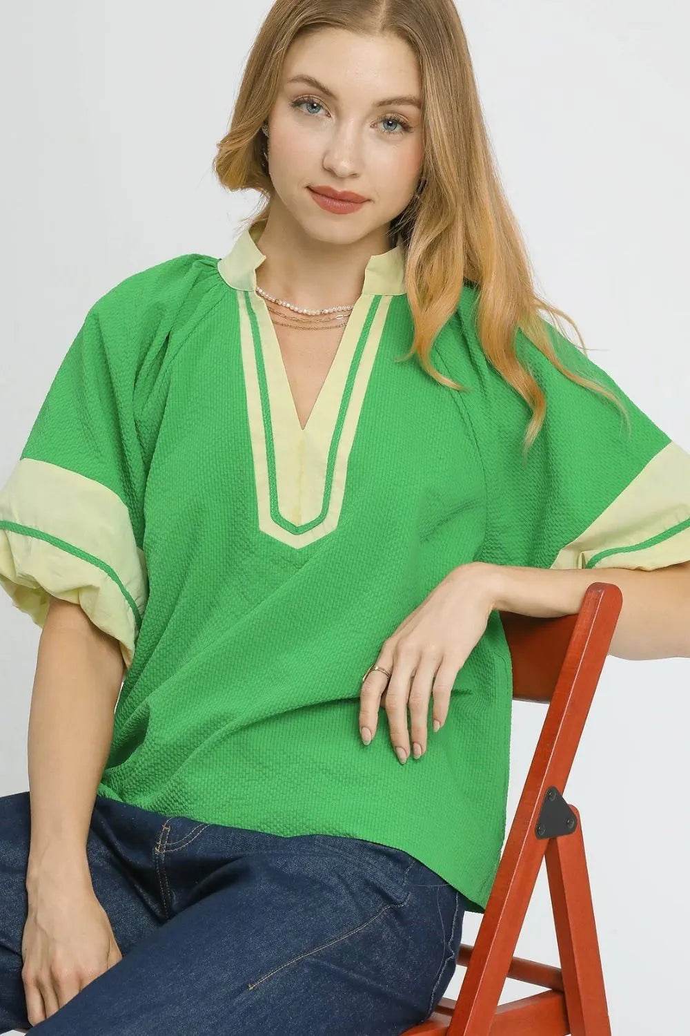 Umgee Contrast Trim Notched Puff Sleeve Blouse - Shop Style & More | Fresh Looks, Everyday Deals & Free Shipping
