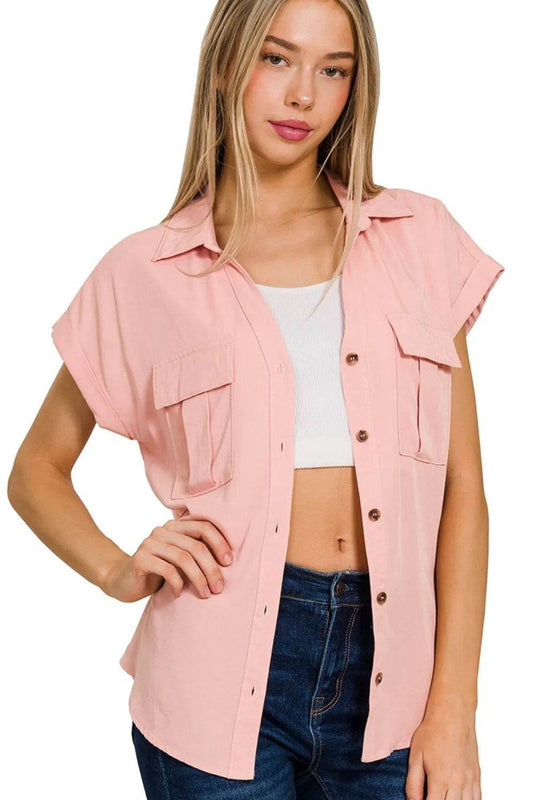 Zenana Tencel V-neck Collared Top W Front Flap Pockets - Shop Style & More | Fresh Looks, Everyday Deals & Free Shipping