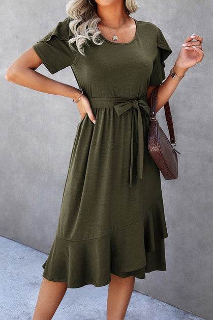 Petal Sleeve Ruffle Trim Wrap Belted Midi Dress - Shop Style & More | Fresh Looks, Everyday Deals & Free Shipping