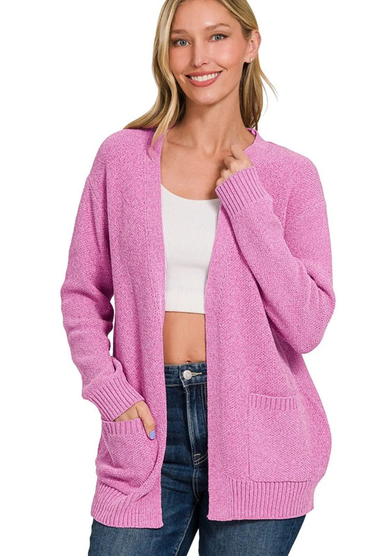 Zenana Melange Open Front Sweater Cardigan MAUVE Women's Outerwear