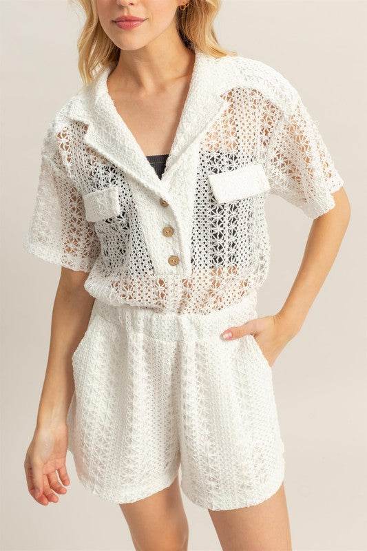 HYFVE Crochet Button Front Short Sleeve Romper - Shop Style & More | Fresh Looks, Everyday Deals & Free Shipping
