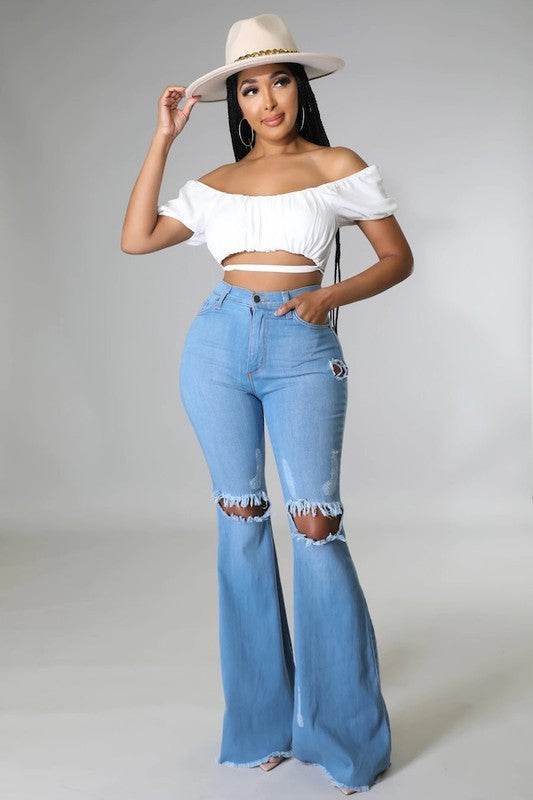 Knee Rip Flare Jean Medium Wash- Inseam 32 - Shop Style & More | Fresh Looks, Everyday Deals & Free Shipping