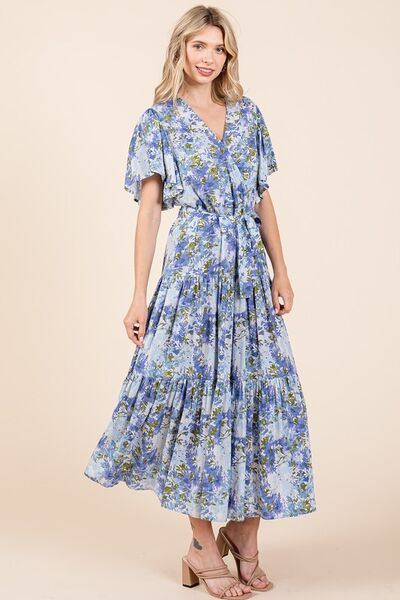 Mittoshop Floral Tie Waist Flutter Sleeve Tiered Dress Casual Dresses