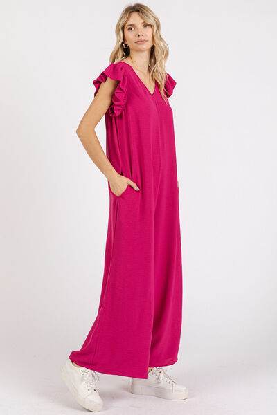 Mittoshop V-Neck Ruffled Cap Sleeve Jumpsuit - Wide Leg Design - Shop Style & More | Fresh Looks, Everyday Deals & Free Shipping