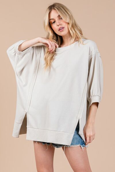 Ces Femme Side Slit Drop Shoulder Puff Sleeve Sweatshirt Stone Hoodies & Sweaters