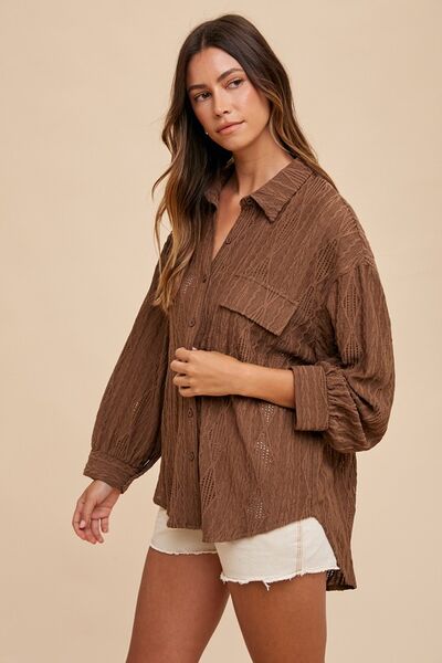 Annie Wear Openwork Button Down Drop Shoulder Shirt Blouses