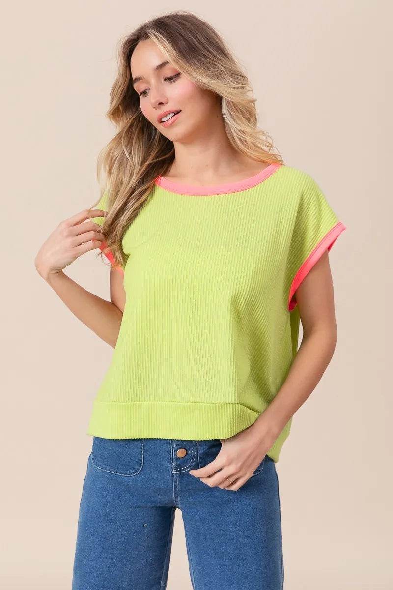 BiBi Cord Rib Knit Contrast Banded Top - Shop Style & More | Fresh Looks, Everyday Deals & Free Shipping