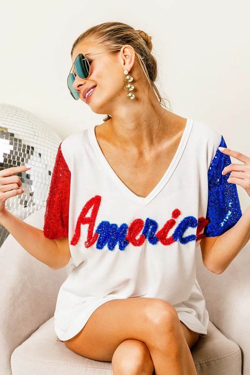 BiBi Metallic Letter V-neck Sequin Sleeves Top - Shop Style & More | Fresh Looks, Everyday Deals & Free Shipping