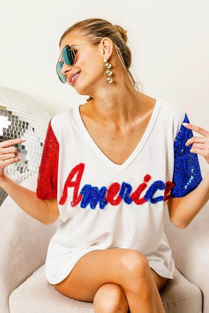 BiBi Metallic Letter V-neck Sequin Sleeves Top - Shop Style & More | Fresh Looks, Everyday Deals & Free Shipping