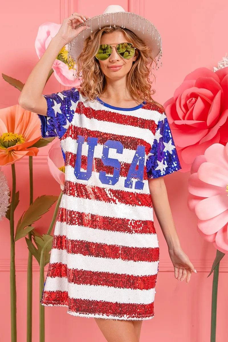 BiBi American Flag Theme Usa Print Sequin Dress - Shop Style & More | Fresh Looks, Everyday Deals & Free Shipping