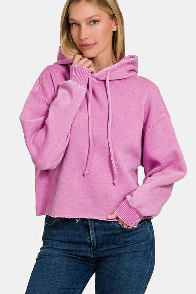 Zenana Acid Wash Fleece Cropped Hoodie Mauve Hoodies & Sweaters