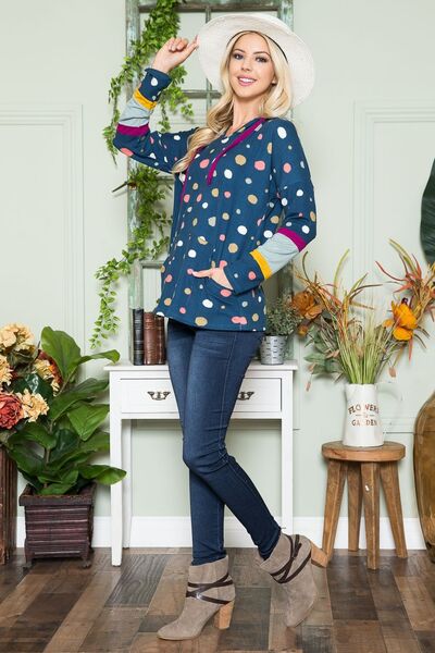 Celeste Full Size Polka Dot Drawstring Hoodie Hoodies & Sweaters