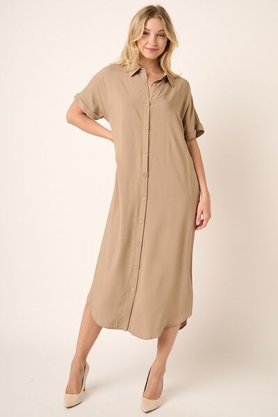 Mittoshop Collared Neck Dolman Short Sleeve Midi Shirt Dress Casual Dresses