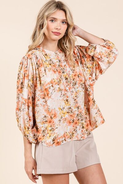 Mittoshop Flower Print Batwing Sleeve Button Down Blouse Blouses