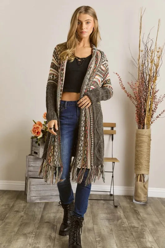 ADORA Full Size Fringe Hem Aztec Cardigan Plus Size BLACK Women's Outerwear