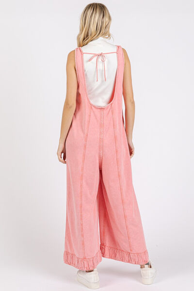 Mittoshop Ruffled Hem Wide Leg Overalls with Pockets Jumpsuits