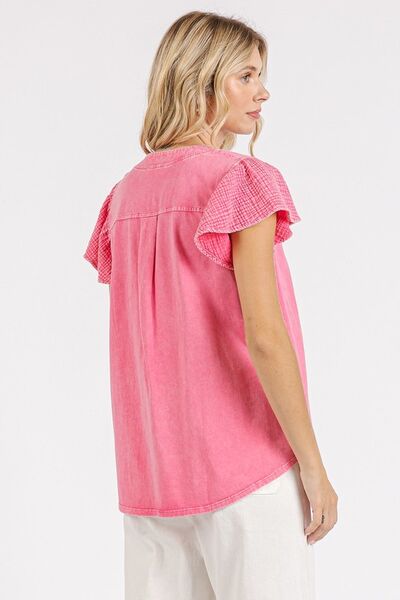 Mittoshop Mix Media Ruffle Short Sleeve Mineral Wash Top Blouses