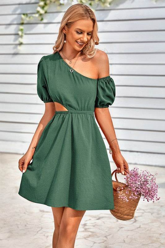 One Shoulder Puff Sleeve Fit Flare Short Dress - Shop Style & More | Fresh Looks, Everyday Deals & Free Shipping