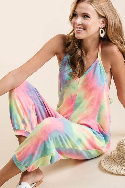 BiBi Tie Dye French Terry Mid-Length Casual Jumpsuit - Shop Style & More | Fresh Looks, Everyday Deals & Free Shipping