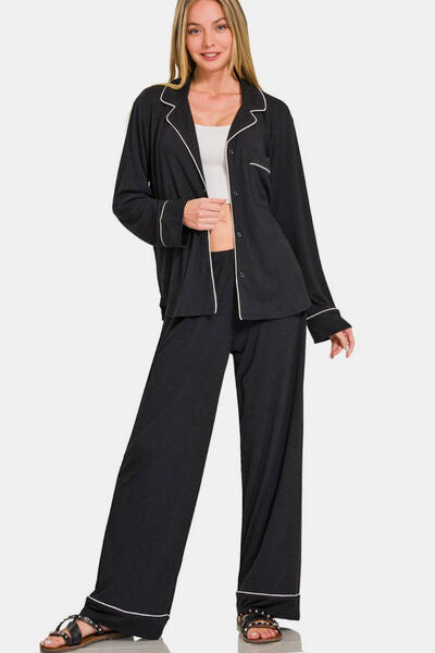 Zenana Button Down Long Sleeve Top and Pants Lounge Set Black Lounge Set