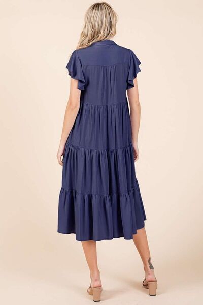 Mittoshop Ruffle Sleeve Collared V Neck Tiered Midi Dress Casual Dresses