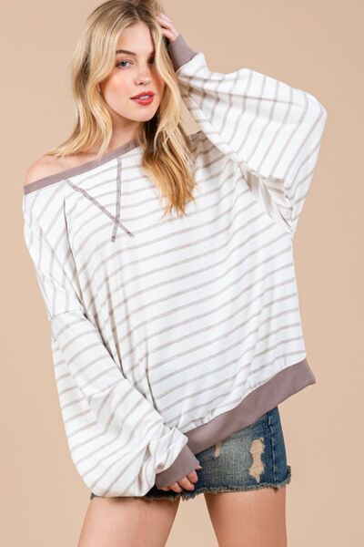 Ces Femme Striped Round Neck Drop Shoulder Sweatshirt Hoodies & Sweaters