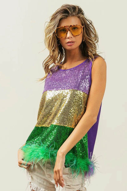 BiBi Mardi Gras Color Block Faux Feather Hem Sequin Top - Shop Style & More | Fresh Looks, Everyday Deals & Free Shipping