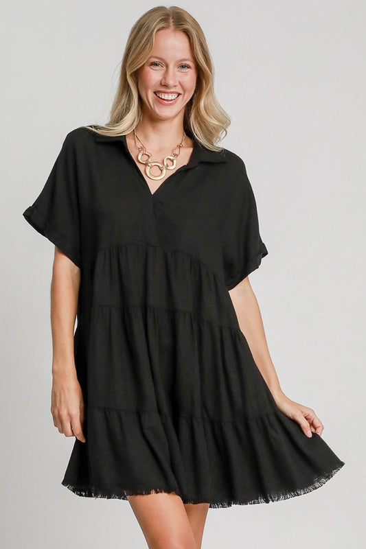 Umgee Full Size Raw Hem Folded Sleeve Tiered Dress Plus Size Black Casual Dresses