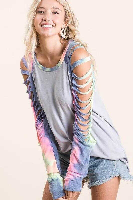 BiBi Jersey Knit Top with Tie Dye Laser Cut Sleeves - Shop Style & More | Fresh Looks, Everyday Deals & Free Shipping