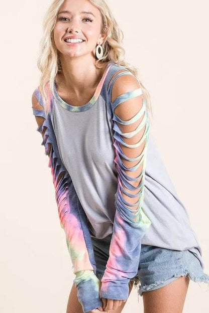 BiBi Jersey Knit Top with Tie Dye Laser Cut Sleeves - Shop Style & More | Fresh Looks, Everyday Deals & Free Shipping