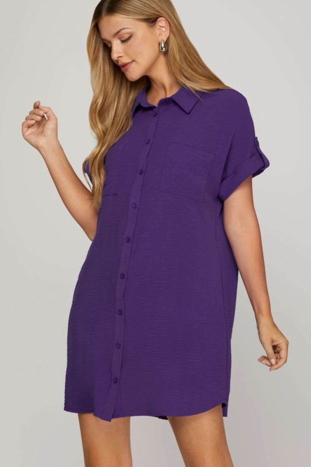 She + Sky Full Size Button Down Short Sleeve Woven Shirt Dress Plus Size Violet Casual Dresses