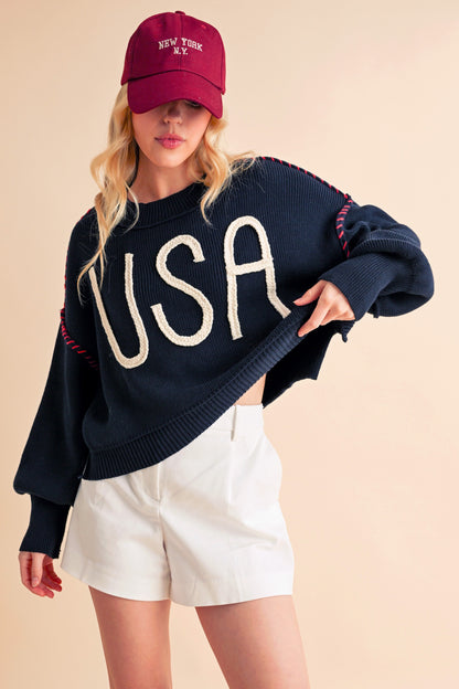 Aemi + Co USA Side Slit Round Neck Sweater Hoodies & Sweaters